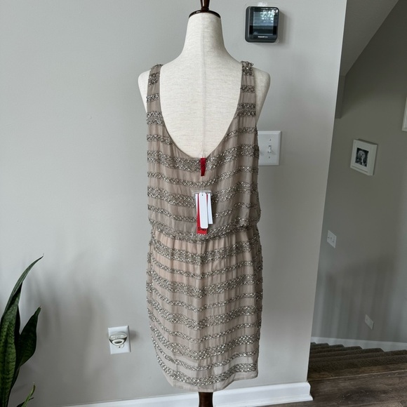 NWT! 5/48 Sequins Chiffon Scoop Neck Dress - Beige and Silver - Picture 2 of 11
